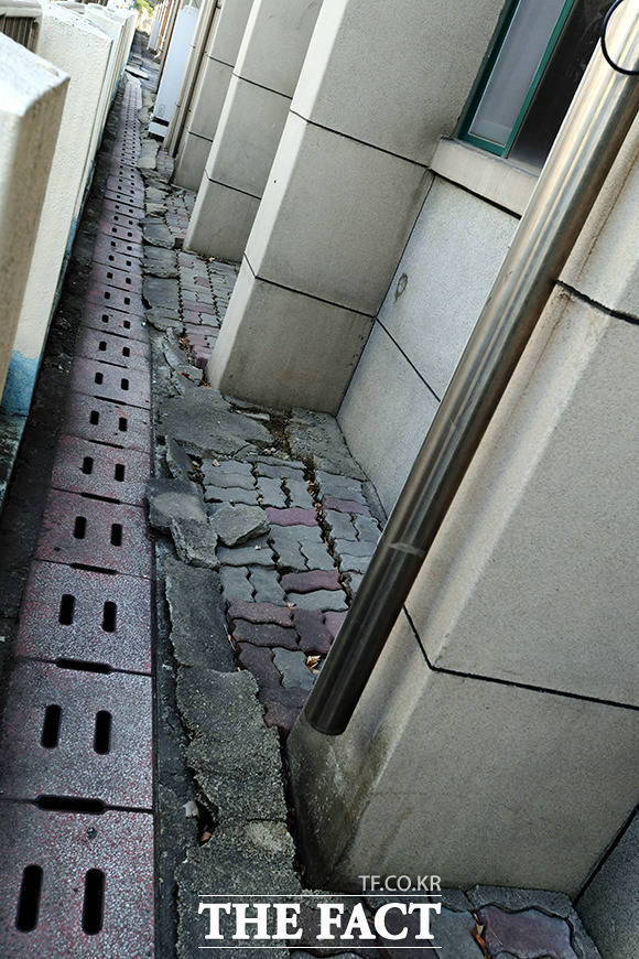 초등학교 뒷편 보도블럭은 지반 침하로 인해 흉측하게 변해 있다.