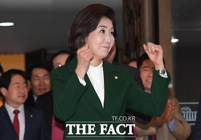 교섭단체 연설을 마친 후 본회의장을 나오며 동료들을 향해 '파이팅' 자세를 취하는 나경원 원내대표. /이새롬 기자