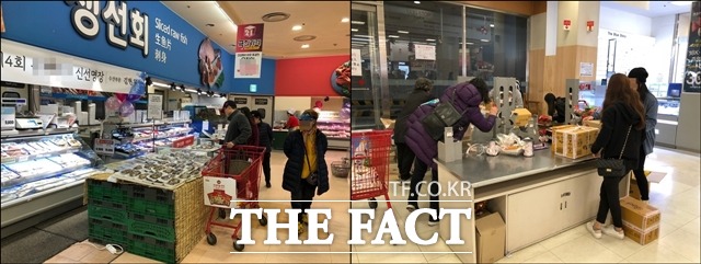 수산물 코너에서는 비닐봉투에 생선을 담아갈 수 없다며 항의하는 손님들을 쉽게 볼 수 있었다. 마트 관계자는 비닐봉투 사용이 금지되며 박스 포장을 해가는 고객들이 평소보다 두 배는 늘어났다고 말했다. /서울역=신지훈 기자