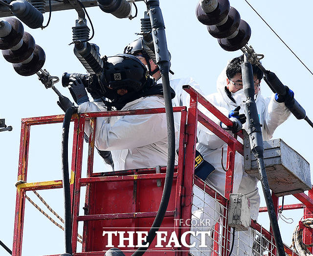 지난 5일 국과수 관계자들이 강원도 고성·속초 산불의 최초 발화지점으로 추정되는 강원도 고성군 토성면 원암리에 위치한 전봇대를 감식하는 모습. /배정한 기자