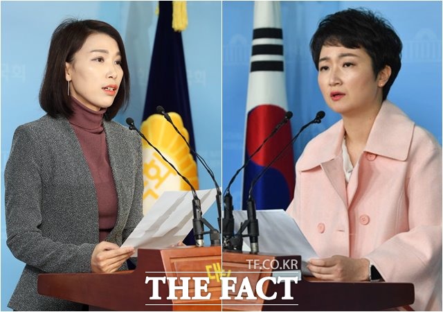 김정화(왼쪽) 바른미래당 대변인과 당을 탈당한 이언주 의원이 23일 서로에게 "인면수심" vs "미래가 없다" 등의 독설을 날렸다. 이 의원은 이날 오후 당이 패스트트랙을 가결하자 탈당을 선언했다. /뉴시스·남윤호 기자