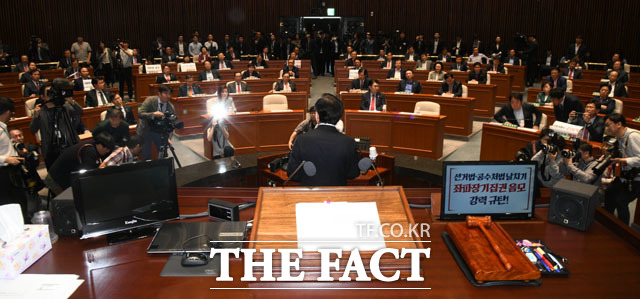 여야4당 패스트트랙 추진 대책을 논의하기 위한 한국당 의원총회가 국회 예결위회의장에서 진행되고 있다. /남윤호 기자