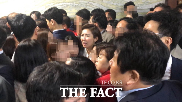 지난 26일 새벽 격렬한 몸싸움 가운데 여성 보좌진들이 나경원 자유한국당 원내대표를 둘러싸고 있다. 나 원내대표는 연신 "다친다. 그만하라"고 외쳤다. /문혜현 기자