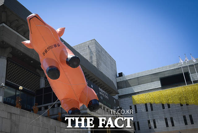 하늘로 날아가는 돼지 모양의 풍선