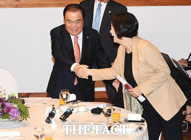 조금 늦게 도착한 이정미 정의당 대표가 문희상 국회의장(왼쪽)과 인사를 하고 있다.