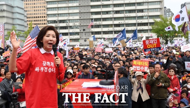 자유한국당 장외집회 '문재인 STOP, 국민이 심판합니다'가 지난 달 27일 오후 서울 종로구 세종문화회관 앞에서 열린 가운데 나경원 원내대표가 연설을 하고 있다./ 남용희 기자