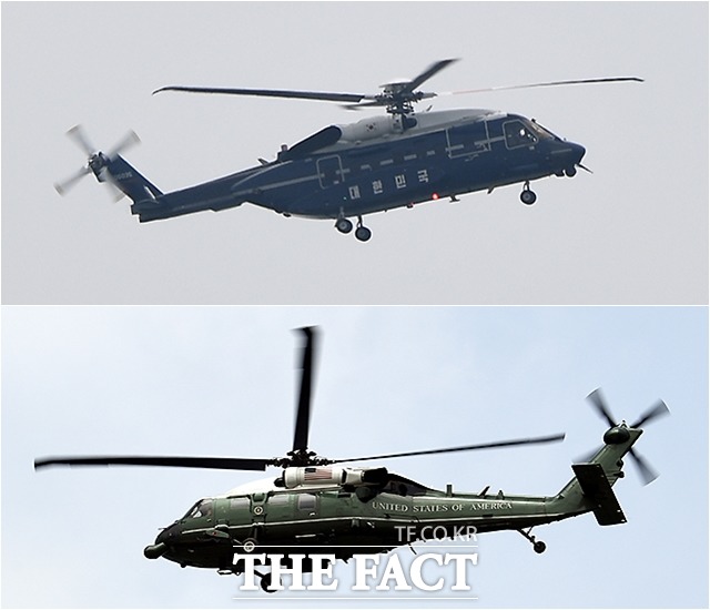 한미 정상회담을 마친 문재인 대통령이 탑승한 헬기(위)와 도널드 트럼프 미국 대통령이 탑승한 헬기가 30일 오후 판문점으로 가는 길목인 경기 파주시 통일대교를 지나 DMZ로 향하고 있다. /파주=이새롬 기자