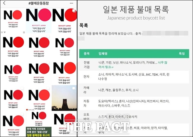 온라인을 중심으로 일본제품 불매운동이 빠르게 확산 중이다. 국내 진출한 일본기업들이 상세하게 적힌 불매 리스트까지 등장한 상황이다. 리스트에 오른 기업들은 불똥이 튈까 노심초사 중이다. /인스타그램, 인터넷 커뮤니티 캡쳐