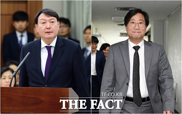 윤석열(왼쪽) 검창청장 후보자의 8일 국회 법제사법위원회 인사청문회에서 양정철 민주연구원장과의 회동 사실이 초반 쟁점으로 부각됐다. /남윤호·임영무 기자