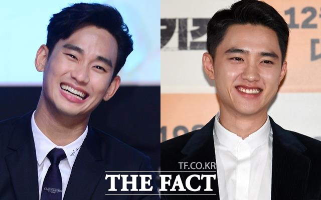 수색대 근무를 자원해 당당히 군 복무를 마치고 귀환한 김수현(왼쪽)과 "남자라면 누구나 해야할 당연한 국방의무를 소란스럽게 소리내고 싶지 않다"며 아무도 몰래 조용히 입대한 디오(도경수). /더팩트 DB