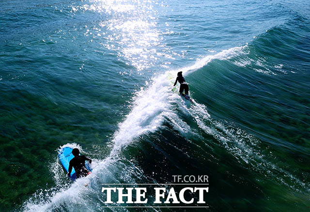 '일품 파도 양양' 양양 해변들은 국내에서 파도가 좋기로 유명하다. 2미터가 넘는 파도도 많아 초보자에게는 꽤 위협적이다.