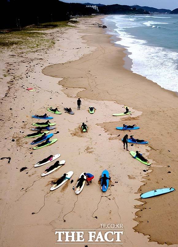 '다함께 서핑에 올라' 1960년대 이후 크게 증가한 서핑 인구. 국내에도 점차 서핑을 배우는 사람들이 늘고 있다.