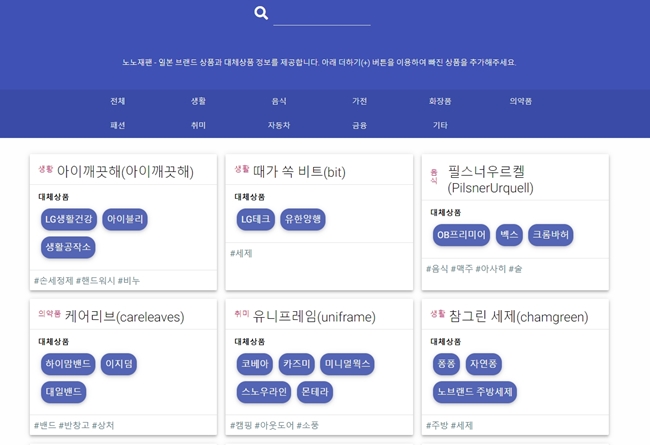 일본제품 정보를 알려주는 '노노재팬' 사이트의 모습. 노노재팬은 일본제품을 대체할 수 있는 국산품까지 안내하며 소비자들에게 근본적인 소비 변화를 이끌어내고 있다는 평가를 받고 있다. /노노재팬 홈페이지 캡쳐