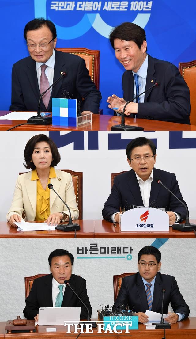 국회가 지난 4월 5일 이후 본회의를 열지 않고, 정쟁을 지속하면서 '일하지 않는 국회'를 향한 비판이 거세다. 최근 일본의 경제보복과 중·러·북 문제 등 외교 현안도 산적한 가운데 일부 지도부는 휴가를 가는 것으로 확인됐다. 위에서부터 차례로 더불어민주당·자유한국당·바른미래당 지도부. /더팩트 DB