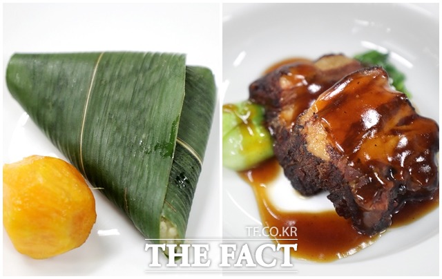 김구 선생이 일제 경찰의 추적을 피해 휴대하기 편해 자주 즐겼다는 음식인 대나무 잎으로 감싼 '쫑즈'(왼쪽)와 임시정부의 안살림을 책임졌던 오건해 여사가 임시정부 요인들에게 대접했다는 간장으로 조린 돼지고기 요리 '홍샤오로우'가 오찬 테이블에 올랐다. /청와대 제공