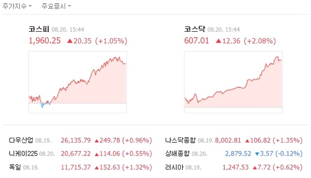 이날 코스피 지수는 전날 대비 전날 대비 20.35포인트(1.05%)오른 1960.25로 장을 마쳤다. /네이버 캡처