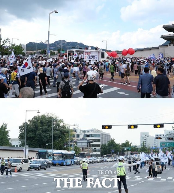 청와대로 행진하는 한국당 장외집회 인파로 인해 마비된 광화문 주변 교통. /광화문=이원석 기자