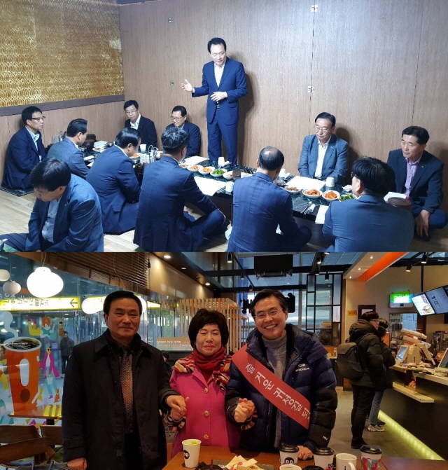 충남·부산 등 지방에 지역구를 둔 의원들은 지역 명소, 관광지 등을 찾아 추석 인사를 다닌다. 위에는 추석 직전 몰아닥친 태풍 링링의 피해 대책 논의를 위해 지역민들을 만나는 성일종 한국당 의원, 아래는 지난 명절 시민들을 만난 조경태 한국당 의원 /조경태·성일종 의원 페이스북