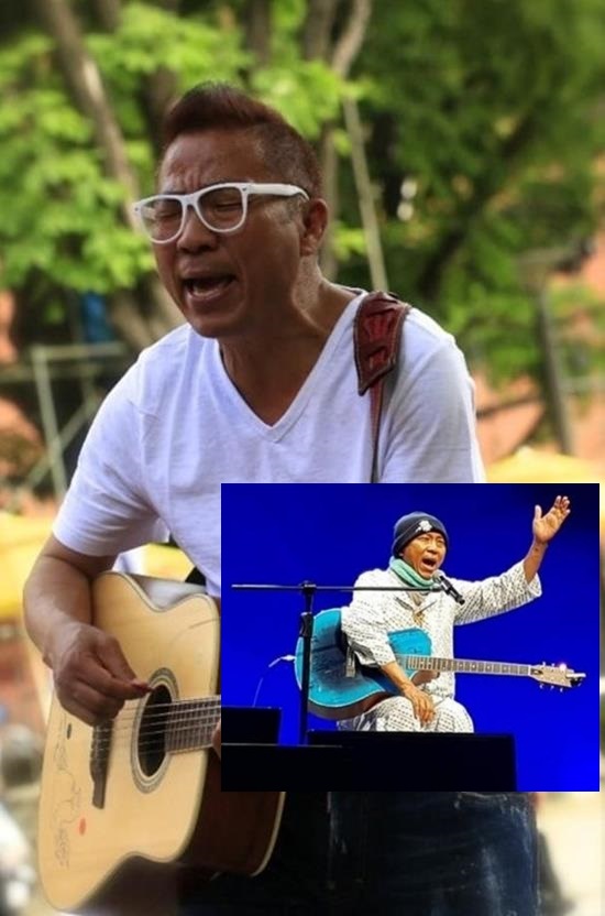 김철민은 서울 혜화동에서 30년간 통기타 거리모금활동을 벌여온 주인공으로, 지난달 7일 병원에서 조직 검사를 받은 뒤 폐암 4기 선고를 받았다. 가운데 작은 사진은 암 발병 직후 동료연예인들이 만들어준 위로 무대에서 직접 노래를 부르는 장면. /김철민 제공, 더팩트 DB