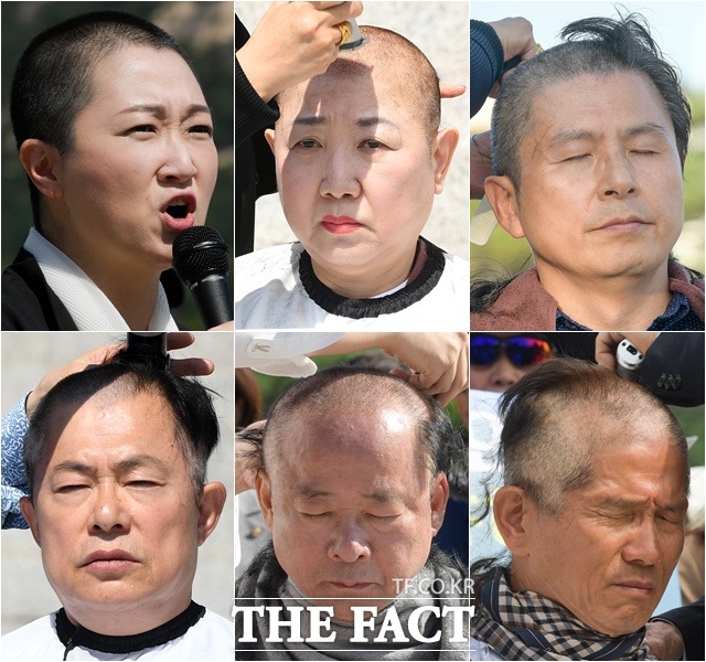 '릴레이 삭발 주자들' 릴레이 삭발에 동참한 무소속 이언주 의원과 자유한국당 박인숙 의원, 황교안 대표, 김문수 전 경기도지사, 이주영 의원, 이만희 의원(왼쪽 위부터 시계방향).