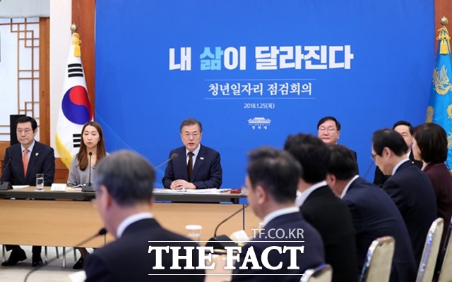 '일자리 대통령'을 공언한 문재인 대통령은 업무지시 1호로 일자리위원회 설치를 주문했고, 2017년 10월 '일자리 정책 5년 로드맵'을 발표했다. 최근 청년 고용율이 개선 흐름이지만, 청년 체감률은 여전히 낮다는 지적이 나온다. /청와대 제공