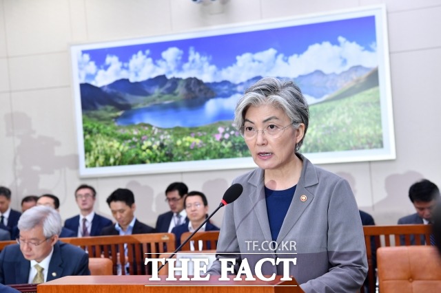 강경화 외교부 장관이 "그 어떤 상황에서도 한반도에서 전쟁이 발생하는 일은 없을 것"이라고 발언했다. 강 장관이지난 7월 국회에서 열린 외교통일위원회 전체회의에 참석해 현안보고를 하고 있다./국회=남윤호 기자