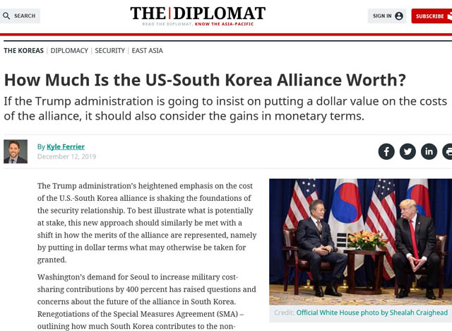 트럼프 대통령이 북한과의 협상에서 미군 철수 카드를 꺼낼 수 있다는 주장도 제기됐다. 사진은 카일 페리어 한미경제연구소(KEI) 국장은 12일(현지시간) 더 디플러멧에 기고한 글. /더 디플로멧 캡쳐