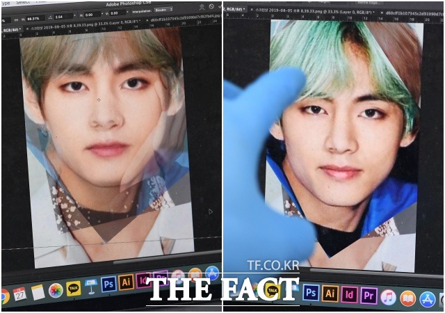 같은 인물이어도 사진에 따라 느낌이 다르다. 아이돌은 특히 메이크업이나 헤어스타일에 따라 더욱 그렇다. 김 작가가 뷔의 여러 사진을 겹쳐 다양한 느낌을 보여주고 있다.