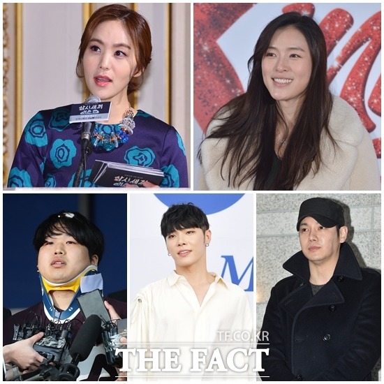 방송인 박지윤과 그룹 애프터스쿨 출신 가희가 사회적 거리두기와 관련해 누리꾼들의 비판을 받았다. 듀오 플라이투더스카이 멤버 환희가 음주운전으로 적발됐다. 가수 휘성이 프로포폴 투약 의혹을 받고 있다. 텔레그램 N번방 운영자 일명 박사 조주빈에 연예계도 분노하고 있다. (왼쪽 위부터 시계방향으로) /더팩트DB