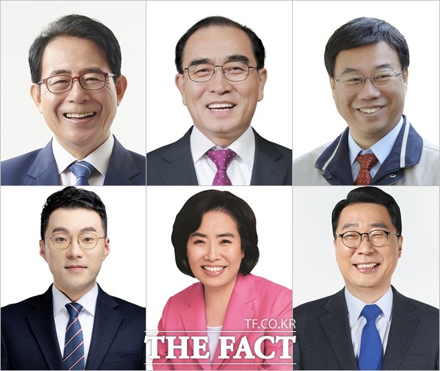 왼쪽 위에서부터 시계 방향으로 '서울 강남갑' 김성곤 민주당, 태구민 통합당 후보, '경기 성남중원' 신상진 통합당, 윤영찬 민주당 후보, '안산단원을' 박순자 통합당, 김남국 민주당 후보. /중앙선관위 제공