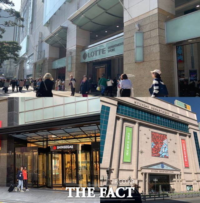 지난해와 비교하면 매출 부진이 계속되는 상황이지만, 업계에서는 조만간 지난해 수준을 회복할 수 있을 것이라는 긍정적인 전망을 내놨다. 위쪽부터 시계방향으로 롯데백화점 본점, 현대백화점 미아점, 신세계백화점 본점. /한예주 기자