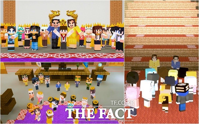 마인크래프트 캐릭터로 변신한 대통령 내외가 아이들에게 집무실 등을 설명하는 장면. /청와대 제공