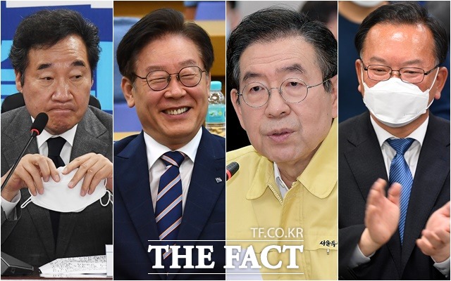 민주당 대권 잠룡들이 김종인 통합당 위원장의 기본소득 문제를 놓고 의견이 갈리는 모양새다. 일각에서는 보수정당이 기본소득 이슈를 선점한 것에 대한 경계라는 분석이다. 사진은 이낙연 의원, 이재명 경기지사, 박원순 서울시장, 김부겸 전 의원.(왼쪽부터)/배정한·남윤호·이선화·임세준 기자