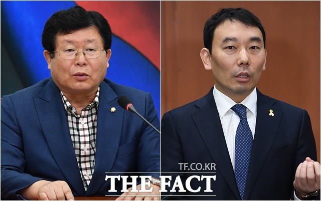 더불어민주당 내부에서 윤석열 검찰총장 자진사퇴론이 다시 불거졌다. 하지만 당 지도부는 신중한 입장을 보이고 있다. 사진은 윤 총장의 자진사퇴를 주장했던 설훈(왼쪽) 의원과 김용민(오른쪽) 의원. /남윤호 기자