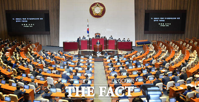 29일 본회의에서 박병석 국회의장과 더불어민주당 주도로 예산결산특위원장 등 11개 상임위원장 선출이 이뤄진 뒤 정세균 국무총리가 문재인 대통령의 2020년도 제3회 추가경정예산안에 대한 정부의 시정연설을 대독하고 있다. /남윤호 기자