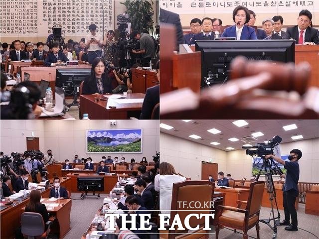 공무원 다수가 대기 중인 조국·추미애 법무부 장관 인사청문회 모습(위)과 지난 23일 오후 공무원들 자리가 텅 빈 이인영 통일부 장관 후보자의 청문회 모습. /뉴시스, 박재우 기자