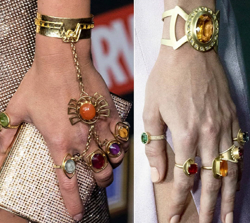 시사회에서 영화 속 소품인 스톤을 착용한 스칼렛 요한슨(왼쪽)과 브리 라슨