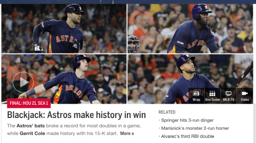 지난 9일 시애틀전에서 21점을 뽑으며 대승을 거둔 휴스턴 | MLB.com 캡처