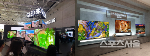 삼성전자의 QLED 8K, LG전자의 OLED 8K 부스 전경. 이선율 기자.
