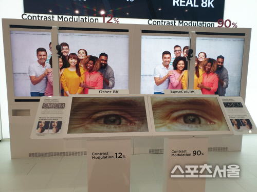 LG전자의 8K TV 관련 부스. 이곳에서 LG전자는 경쟁사의 8K TV와 자사의 8K TV 비교 시연을 통해 화질선명도가 우수하다는 점을 부각시켰다. 경쟁사 대비 LG전자 8K TV는 좀더 밝고 선명하게 보였다.
