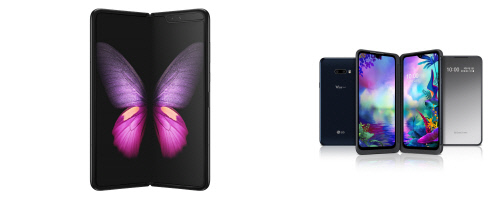 삼성전자의 갤럭시폴드(왼쪽)와 LG전자의 V50S씽큐(오른쪽)