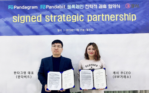 안병철 판다그램 대표(왼쪽)와 캐시 주 BW.com CEO가 전략적 제휴 협약을 마친 뒤 기념촬영을 하고 있다. 제공 | 판다그램