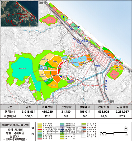 강원도 동해시 망상동 일원에 조성될 동해안권경제자유구역 ‘망상지구 국제복합관광도시 개발사업’ 토지이용계획.