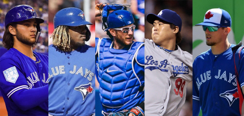 보 비셋, 블라디미르 게레로 주니어, 대니 젠슨, 류현진, 캐번 비지오(왼쪽부터). | 류현진. 스포츠서울 DB, 토론토 선수들은 개인 인스타그램 캡처