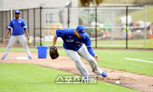 토론토 블루제이스 류현진이 15일(한국시간) 플로리다 더니든 바비 매틱 트레이닝 센터에서 열린 스프링캠프에 참가해 투수앞 땅볼 훈련을 하고 있다. 더니든(미 플로리다주) 최승섭기자 | thunder@sportsseoul.com
