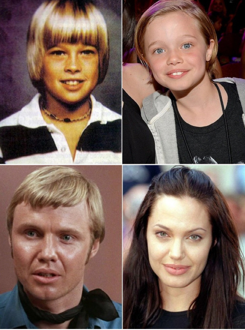 부모와 자식, 대를 이어 꼭 닮은 모습이 눈길을 끈다. 위는 브래드 피트와 그의 딸 사일로 졸리 피트, 아래는 존 보이트와 그의 딸 안젤리나 졸리. 출처|더썬