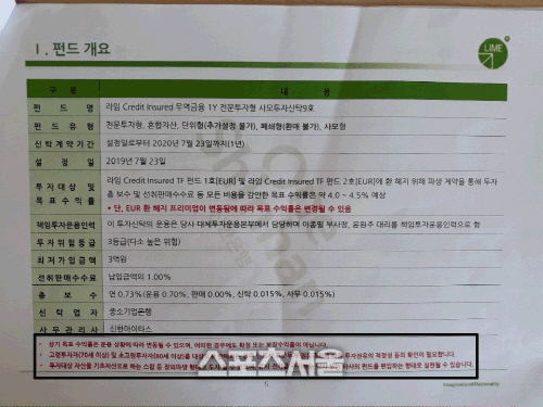 라임CI 펀드의 상품제안서 원본. 검은색 선 안에는 “투자대상 자산을 기초로 하는 스왑 등 장외파생 형태로 투자될 수 있으며, 유사 전략을 구사하는 당사 또는 타사의 펀드를 편입하는 형태도 실현될 수 있다”라는 경고 문구가 있다.