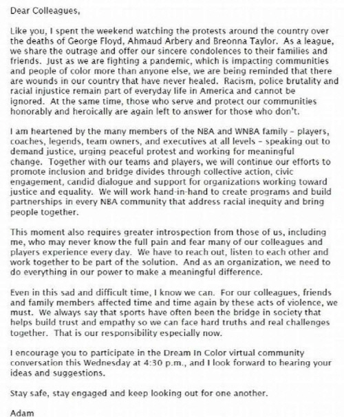 애덤 실버 NBA 총재가 리그 관계자들에게 보낸 편지. 출처|ESPN