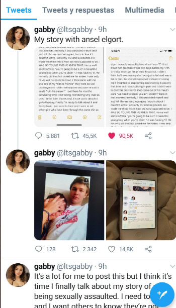 개비라는 여성이 20일(현지시간) 자신의 SNS를 통해 미성년자였던 6년전 배우 안셀 엘고트에게 성폭행을 당했다고 주장했다. 출처|개비 SNS