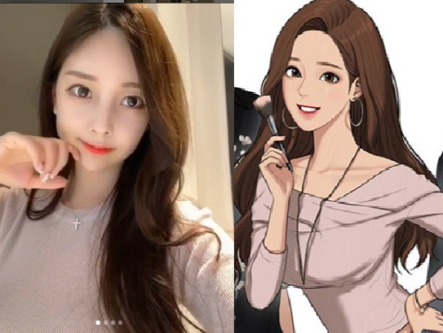 웹툰 ‘여신강림’ 작가 야옹이(왼쪽)와 웹툰 ‘여신강림’ 속 주인공 임주경.출처|야옹이 인스타그램